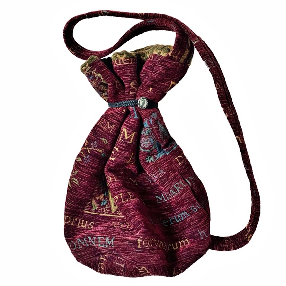 Handbags - Red/Maroon Tapestry Draw-String Latin Text Pouch Medieval Renaissance